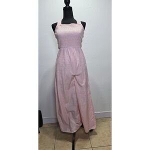 NWT Dizzy Lizzy Women Jumpsuit Size M Pink Seersucker Stripe Wide Leg Tie Back